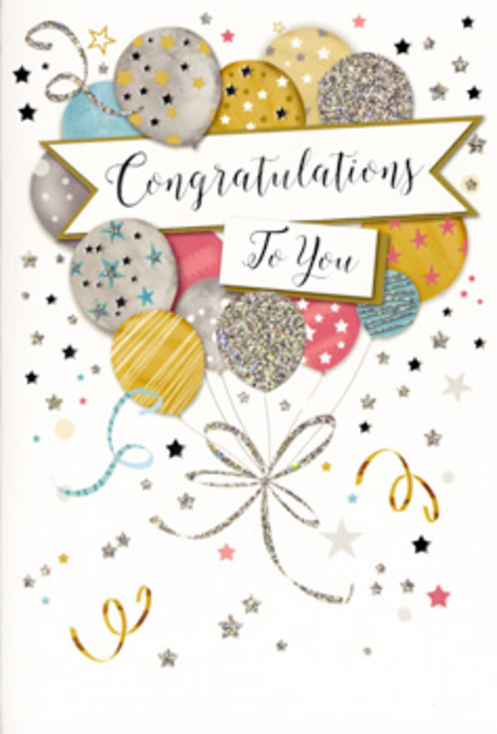 In this photograph, a sophisticated congratulations card stands upright, its front cover composed like a miniature celebration, ideal for someone marking a big achievement in Bankside. The focal point is a lush cluster of illustrated balloons rising from the lower half of the card and gathering toward the top, overlapping in a gentle cascade. They appear in a refined palette of soft gold, silver, champagne beige, sky blue, baby pink, and warm pearl, each balloon slightly translucent in feel, as though catching soft indoor light. Fine metallic detailing adds texture-scattered stars, delicate glittery outlines, and thin stripes that shimmer subtly without dominating the scene. Slender ribbons trail downward from the balloon knots, curling and twisting in loose loops of gold and silver that resemble the carefree swirl of party streamers at a riverside celebration near Bankside. Across the middle, seamlessly woven into the design, a flowing banner stretches from side to side. It carries the message Congratulations To You rendered in graceful, looping script, the letters dark and crisp against the pale banner background. Around this central feature, the card's off-white background is dotted with confetti-like stars, tiny circles, and curling lines, giving the impression of movement and a light dusting of celebration in the air. There are no floral motifs, yet the careful colour harmony and layered composition feel very much like the work of a florist balancing tones and textures. You can imagine this card being paired with a contemporary bouquet for delivery around Bankside, Southwark Street, or nearby riverfront apartments, offering a polished yet joyful way to honour promotions, exam results, or any proud moment worth remembering.