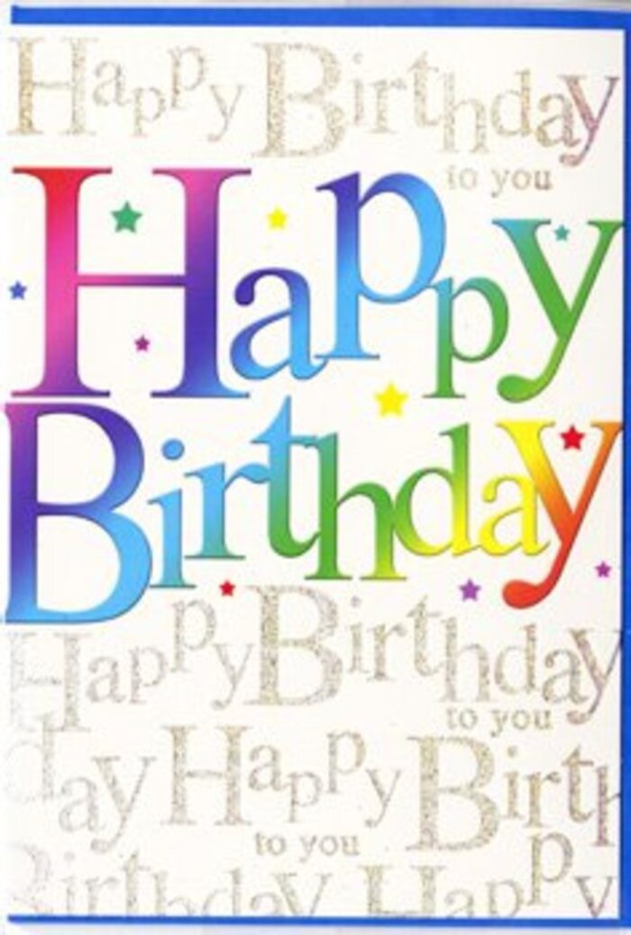This birthday card presents itself like a miniature celebration laid flat on the counter of a Bankside flower shop, glowing with colour but anchored in tasteful design. Dominating the centre, the phrase Happy Birthday appears in large, playful block letters, each one filled with a smooth gradient of colour that shifts gently from tone to tone. A single letter might begin as deep magenta, travel through coral and apricot, and finish in warm yellow, while its neighbour slides from lime green into teal and rich midnight blue. Together they read like the petals of a mixed bouquet, lined up in text form. The letters are softly rounded and slightly raised in appearance, giving a sense of cheerful volume, much like clustered balloons seen through the windows of a Bankside apartment overlooking the river. Sprinkled around them, small multicoloured stars and spots add a feeling of confetti and movement, as if someone has just shouted Happy Birthday in the middle of a busy South Bank evening. Behind this, the background remains light and calm, covered in repeated lines of Happy Birthday to you in a neat, looping golden script. The script has the sheen of metallic ink, catching and releasing light with a gentle shimmer, like the late-afternoon sun sliding across the Thames. The card stock appears smooth and almost satin-like, suggesting a pleasant texture when held. Overall, the design feels warm, modern, and carefully considered: a perfect partner for a hand-tied birthday bouquet from Bankside Flowers, ready to be delivered to homes and offices tucked between London Bridge and Blackfriars, carrying not only a message but the feeling of being truly celebrated.