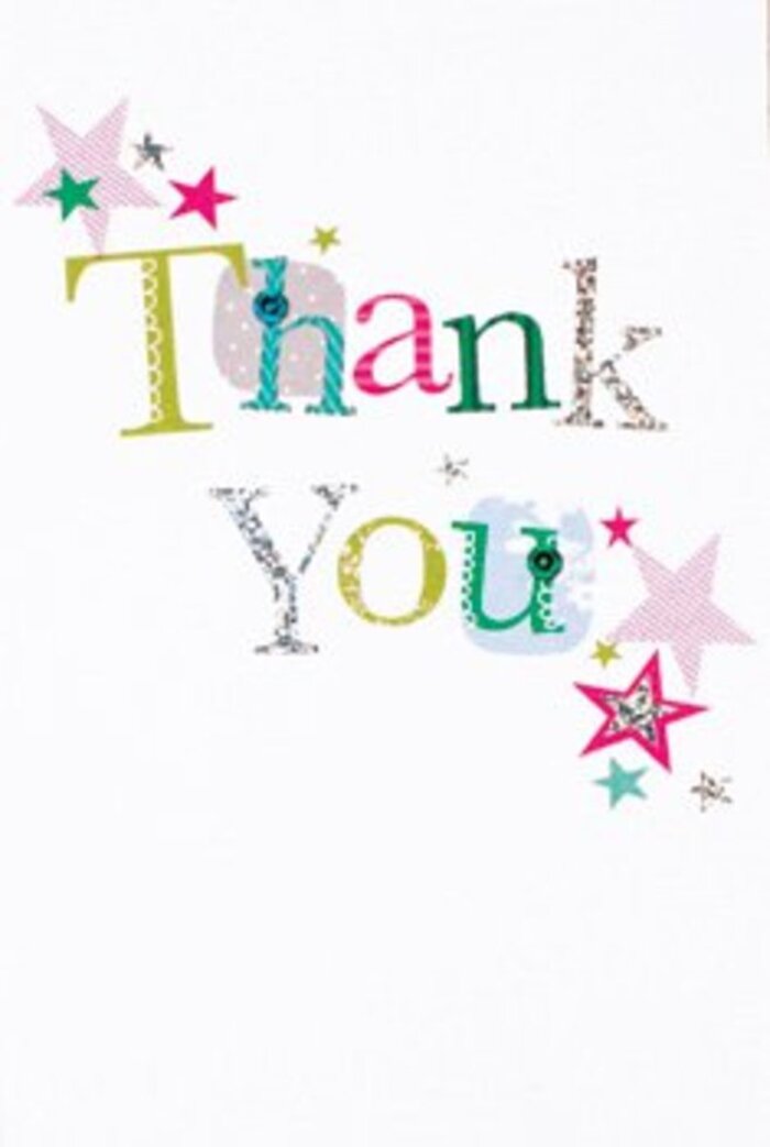 With understated exuberance, this thank you card appears almost musical in arrangement, its letters gracefully arrayed like notes in a cheerful tune. Each character has its own personality: some whimsical with polka dots and rounded curves, others sleek and elegant, shimmering with hints of silver that catch the daylight much like the reflections on the Thames near Bankside Pier. Sprays of star-shaped accents-glittering with stripes of pink, deep turquoise, and touches of silver-gather closely around the words, blessing them with an air of celebration. The effect is both modern and timeless, echoing the creative spirit found in Bankside's local studios and open-air spaces. Every element sits lightly on a spotless white field, creating a sense of spacious calm and allowing each joyful hue to shine. This card is the kind a Bankside florist might pair with a display of vibrant blossoms for delivery to an office along Southbank or a cozy flat on Bear Gardens. It's an expression of gratitude both lively and sophisticated-a note that feels as bright and memorable as receiving fresh flowers after a stroll through the heart of SE1.