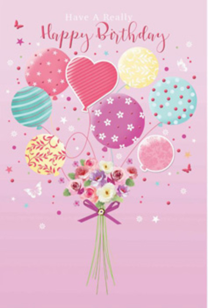 Delicate birthday card artwork showing pastel balloons and a petite floral bouquet that look as though they could have been designed in a small Bankside flower studio tucked near the river. The background is a soft, rosy pink wash, evenly lit and gentle on the eye, giving the illustration a dreamy, cloudlike quality. From this serene field of colour, a cluster of balloons rises gracefully, almost as if a child's joyful wish has taken visual form. Each balloon is different yet harmonious: some glow in pale sunshine yellow, others in rosy fuchsia, lavender, seafoam green, and muted teal. Their surfaces are decorated with playful patterns-ribbon-like stripes that spiral upwards, polka dots scattered in varying sizes, small floral shapes, and subtle curving lines-creating a rhythm of movement and texture. Beneath them, a hand-tied bouquet gathers in a tight, graceful cluster, with petite roses and daisy-like blooms nestled closely together. The petals are drawn with delicate shading that moves from creamy ivory at the edges into blush and warm pink tones at the centres, as if brushed by early morning light on a Bankside terrace. Slim green stems peek out below, bound by a glossy purple bow that has carefully defined loops and trailing ends. Around the flowers and balloons, tiny stars and hints of butterflies give the sense of a garden daydream suspended in mid-air, perfectly suited to a birthday celebration. The composition radiates gentle jubilation, conveying warmth, care, and the quiet excitement of a thoughtfully chosen birthday card that carries fresh, fragrant wishes from the heart of Bankside.