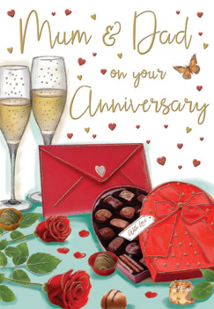 The anniversary card artwork captures a romantic, almost cinematic moment that feels at home in Bankside, where the river light often adds its own soft glow. In the centre of the scene, two elegant champagne flutes stand shoulder to shoulder, their tall, slender stems and gently curved bowls suggesting refinement and ease. They are filled with sparkling golden champagne, bubbles suspended mid-rise, as though the glasses have just been poured for a special toast between Mum and Dad. To the right, a heart-shaped box of chocolates, vivid in deep red, sits open on the table. The box is edged with a subtle golden shine, and a bold scarlet bow wraps across the lid, its satin ribbon tied in generous, sculpted loops that evoke the lush fullness of a rose bloom. Inside the box, truffles nestle in individual cradles, each chocolate perfectly rounded and inviting, like little treasures waiting to be shared after a celebratory dinner near the Tate Modern. On the left, two plush red roses rest on a bed of glossy green leaves, painted so richly that each petal appears soft and velvety, as if freshly arranged by Bankside Flowers for a milestone anniversary. A few chocolates are scattered loosely near the stems, adding a touch of spontaneity and indulgence. Floating around the focal elements, tiny golden and crimson hearts drift across a softly glowing background, surrounding a handwritten message for Mum & Dad that feels intimate and personal. A deep red envelope lies slightly askew, its pointed flap sealed, quietly suggesting the presence of a heartfelt note. Altogether, the composition gives the impression of a cosy evening indoors, where love, gratitude, and shared memories are celebrated with flowers, fizz, and something sweet.