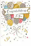 The image captures a beautifully designed congratulations card that radiates festive charm, as if it had been inspired by an evening of celebrations along Bankside's lively streets. Dominating the front is a bouquet of illustrated balloons clustered together in a loose, organic shape, floating from lower left towards the upper right. The balloons are rendered in dreamy hues of muted gold, shining silver, soft rose pink, pale blue, and creamy white, some adorned with tiny glinting stars, others with delicate bands of glitter or fine dotted patterns. Their metallic sheen gives the artwork a sense of gentle sparkle, like city lights reflected on the nearby Thames. From each balloon trail slender, curling ribbons in intertwining strands of gold and silver, drifting across the lower section of the design in elegant loops. Positioned centrally, a gracefully curved banner unfurls across the balloon bouquet, holding the sentiment Congratulations To You in sweeping, stylish calligraphy that feels genuine and warm, as though written especially for the recipient. The backdrop is a soft, neutral tone sprinkled with miniature stars, confetti dots, and whimsical swirls, adding a playful yet refined energy, reminiscent of confetti tossed at a celebration near the Globe Theatre. There are no flowers depicted, yet the balance of colours, shimmering textures, and flowing lines suggests the same artistry found in a carefully arranged bouquet. This card feels perfect to nestle beside fresh blooms on a console table in a Bankside apartment or to accompany a hand-delivered gift marking milestones such as promotions, new beginnings, or personal triumphs quietly cherished and proudly shared.