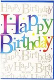 The image shows a jubilant birthday card, its design filled with the sort of bright, easy charm that suits a celebration anywhere from a Bankside loft to a cosy riverside café. At the heart of the card, the words Happy Birthday stretch in large, confident letters that transition through a full spectrum of colours, from deep red and hot fuchsia into tangerine, butter yellow, fresh grass green, aqua, and rich cobalt blue. The rainbow effect is smooth and polished, as if brushed on with soft pastels, giving each letter depth and a sense of playful movement, reminiscent of buntings fluttering along the South Bank. Around the main phrase, a scattering of tiny stars and dots in matching tones drifts across the card front, like confetti mid-toss during a birthday toast. The background is a pale, calm canvas layered with elegant golden script, repeating the lines Happy Birthday to you in evenly spaced rows. This script is fine, looping, and slightly shimmering, as though written by hand with metallic ink, adding sophistication to the otherwise exuberant design. The card appears to be printed on smooth, good-quality board with a gentle sheen that makes the colours look rich but not glaring. There are no extra illustrations-no balloons or cakes-just the interplay of text, colour, and subtle sparkle. The overall mood is one of joy and affection, ideal for birthdays of all ages, whether you are surprising a colleague in an office near Tate Modern or a loved one celebrating quietly at home near Borough Market, using a single, beautifully designed card to say that this day truly matters.