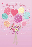 Whimsical birthday card image featuring a pastel balloon bouquet lifting a dainty cluster of flowers, evoking the feeling of a festive morning stroll through Bankside. The background is a soft, velvety pink, smooth and even, like a painted backdrop in a boutique card shop. Against this, a lively collection of balloons floats upward, each one unique yet perfectly coordinated. Soft blush balloons mingle with sea green, lemon yellow, and lavender tones, their surfaces embellished with candy-coloured stripes, playful polka dots, miniature floral sprigs, and swirling patterns. Near the centre, a heart-shaped balloon subtly radiates affection, drawing attention without overpowering the rest. At the base of the bouquet, a hand-tied posy of petite roses and anemone-like blooms in creamy ivory, blush pink, and gentle mauve comes together in a snug, rounded cluster. The petals appear feathery and layered, suggesting softness to the touch and a light, sweet fragrance. Slender stems gather below, secured with a violet satin bow whose sheen is carefully illustrated so it catches the imaginary light. Around the main composition, tiny star shapes, dots, and delicate butterfly outlines drift as though caught in a soft breeze, adding a touch of fairy-tale magic suitable for a memorable birthday. The whole scene feels airy, light, and joyfully celebratory, like balloons and flowers being carried along the South Bank on a bright day-an image that transforms a simple birthday greeting into a tender, unforgettable moment rooted in the charm of Bankside.
