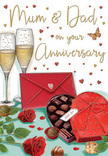 This illustrated anniversary card presents a romantic tabletop scene that could easily sit in a warm Bankside kitchen after a family meal. At its centre, two tall champagne flutes stand close together, filled almost to the brim with pale golden champagne. Fine bubbles rise in delicate streams, catching the light and creating tiny reflections along the rim, as though ready for a joyful toast to years spent side by side. In front of the glasses, a deep red, heart-shaped chocolate box lies open, its inner compartments holding perfectly rounded truffles, each one shaded in rich browns and soft creams. A wide red satin bow sweeps across the lid, tied in a flowing, voluminous knot that looks soft to the touch, very much like the ribbons we tie on special anniversary gifts leaving our workshop near the river. To one side, two velvety red roses, freshly opened, are laid against glossy green foliage, their layered petals curling gently at the edges, painted with the same care we'd use when choosing stems for a devoted couple. A few individual chocolates are scattered nearby, suggesting relaxed, shared indulgence. Above this cosy scene, delicate hearts in crimson and gold drift across the card like confetti, framing a hand-lettered message to Mum & Dad that feels both playful and heartfelt. A scarlet envelope, angled just so, appears sealed and ready, hinting at personal words written with love. The overall impression is radiant and reassuring: a celebration of long-lasting affection, like an evening at home in Bankside where flowers scent the room, glasses clink gently, and the simple pleasures of roses, champagne, and chocolate mark another happy year together.